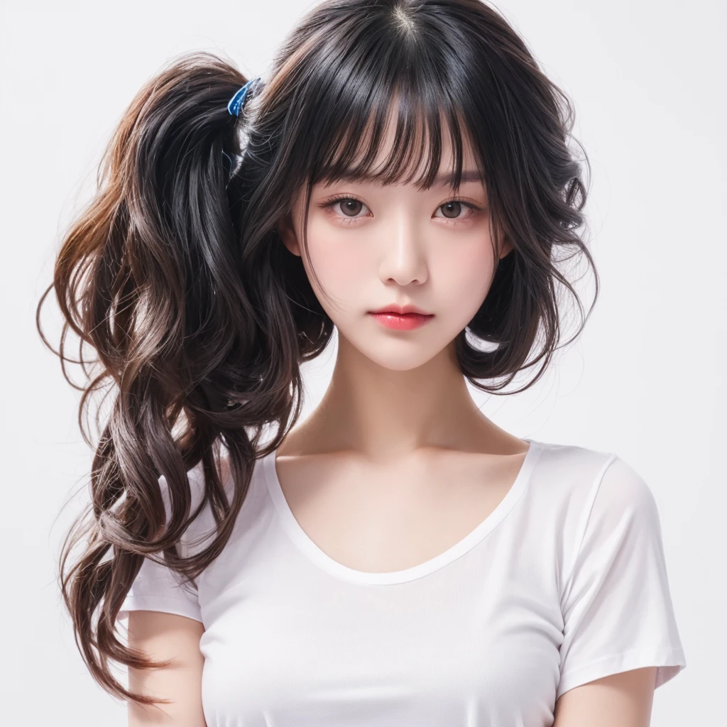 woman, body hairstyle, long style, bob length, soft curl, integrated into face line bangs, black hair, Nikon Z7 II Mirrorless Camera, 120mm F/4 wide-angle lens, best quality, masterpiece, ultra detailed, cowboy shot, flowing, 3dmm, ink sketch, color ink, ink rendering, octane render, pastels, rice paper, clear face, full hairstyle, white background, only show face and neck, white t-shirtface centered, ID photo style