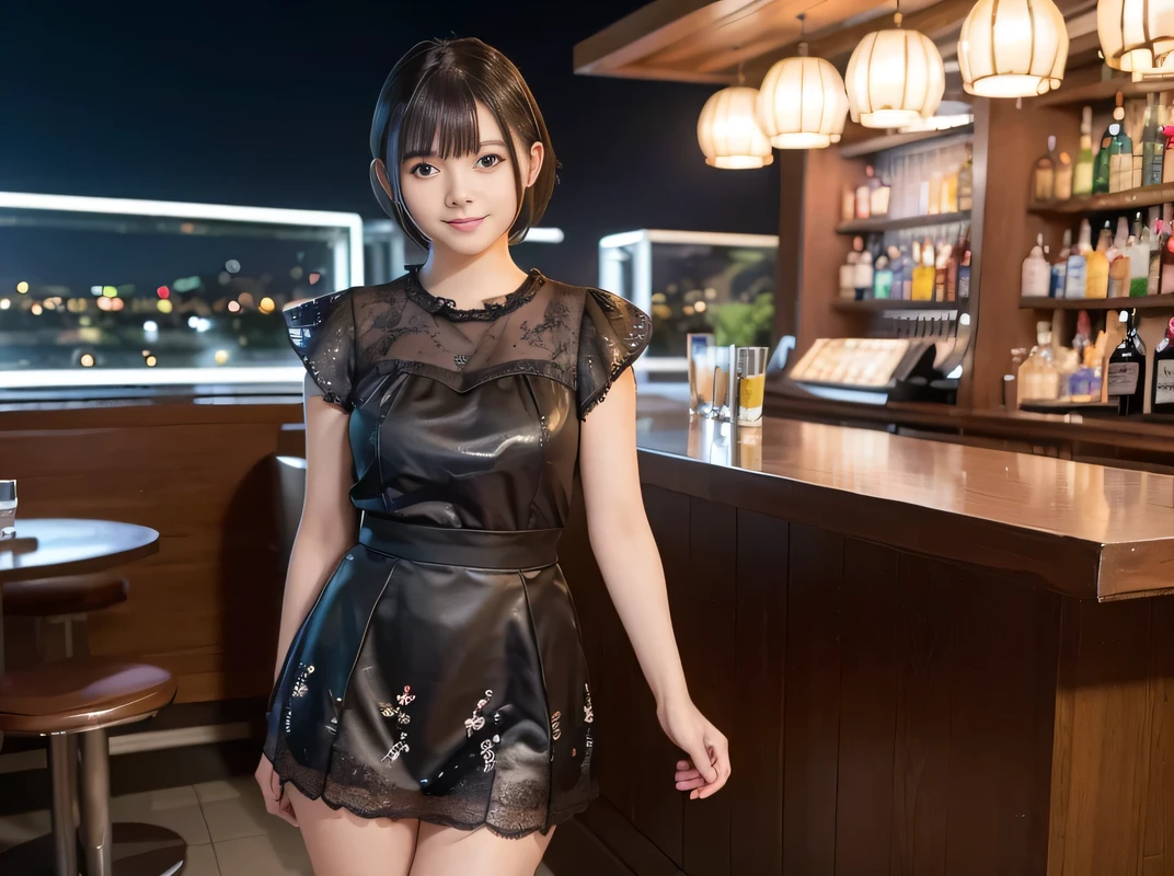 (Highest quality, masterpiece, Ultra-high resolution, 8K, RAW Photos, Realistic, Anatomically correct:1.5), 20-year-old girl:1.2, Embarrassing, avert your eyes, blush:1.0, View Viewer, ((Bar Lounge)) 、Night view、 Light:1.2, Bokeh, Cinema Lighting:1.0, Depth of written boundary, sharp、 Cute face、Idol、Black short sleeve lace top、Black pleated skirt、Black clothing、”dwarf”、(Floral clothes)、(Full Body Shot)、Side angle、Cowboy Shot、 smile、(Ultra short hair)、(Short bob cut)、(Straight bangs)、((See-through))、(( One Girl))、Large Breasts、