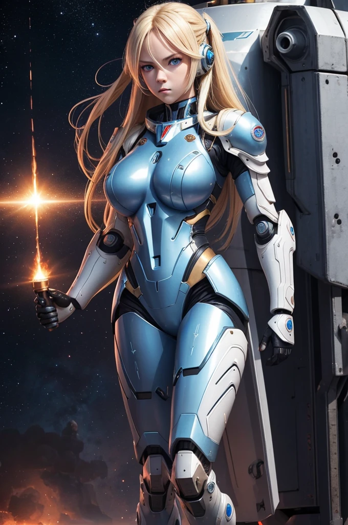 robot supergirl, plugsuit, human head, cute female face, short blonde hair, robotic arms, robotic legs, robotic hips, black bodysuit, cleavage, white armor bra with superman s letter on chest, white armor panties, studio lighting, detailed robotics, hydraulics, mechanical joints, doll like, highly detailed, sharp, high quality, cutting-edge, beautiful render, dramatic pose,  Detailed shading, beautiful blue eyes