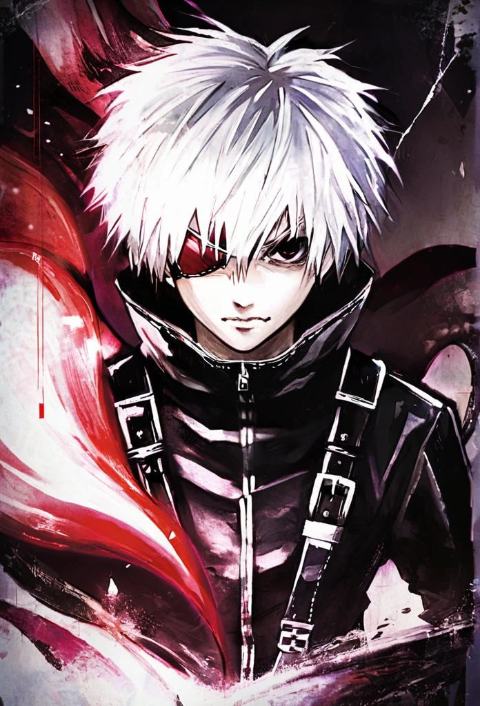 ```
ken kaneki, Tokyo Ghoul, white hair, black outfit, eyepatch, half-ghoul, serious expression, red kakugan eye, kagune tentacles, detailed face, high quality、Overall view、Uplifting、Cold-like sensation、Acrobatic、disaster々Aura、disaster々Cool atmosphere、Black Air、
```