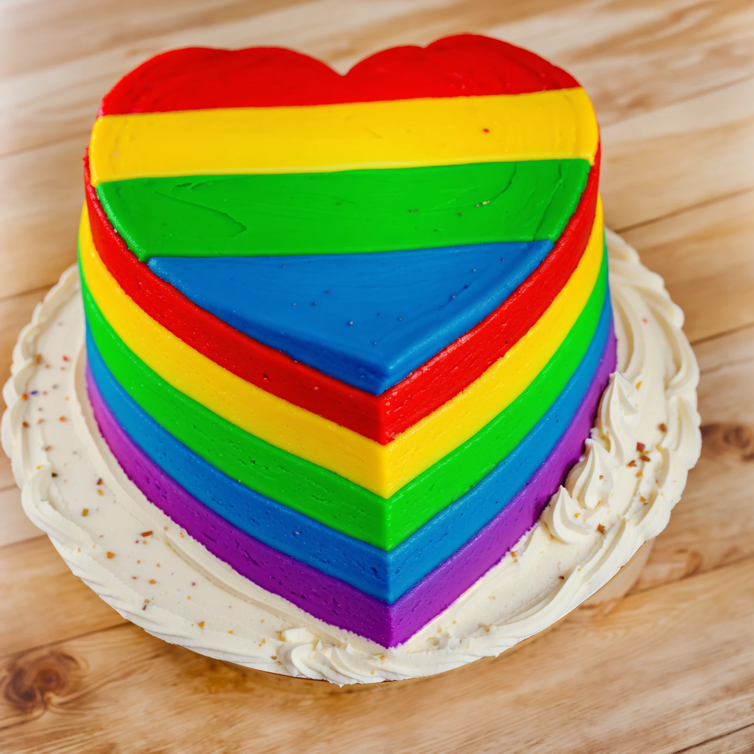 on a wooden table, worth a heart shaped cake, rainbow gradient cream cake, Cream cake , cream texture, Realistic style, realistic texture, bright lighting, high quality, detailed texture, Beautiful light from the window, beautiful lighting, high detail, macro photography, ultra 4k hd