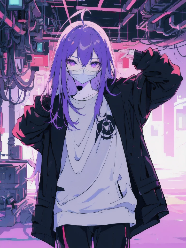 ((masterpiece)), (best quality), ((highres)), 4K, Detailed, (Ambient Light, Digital Art, Soft Lighting, extremely detailed 8K wallpaper:1.2), BREAK 1girl, solo, pale skin, violet eyes, violet hair, ahoge, (absurdly long hair:1.1), flat chest, cyberpunk scenery, black jacket, pants, shirt, night, hand in pocket, looking at viewer, hair between eyes, expressionless, rtx, neon light, black medical mask