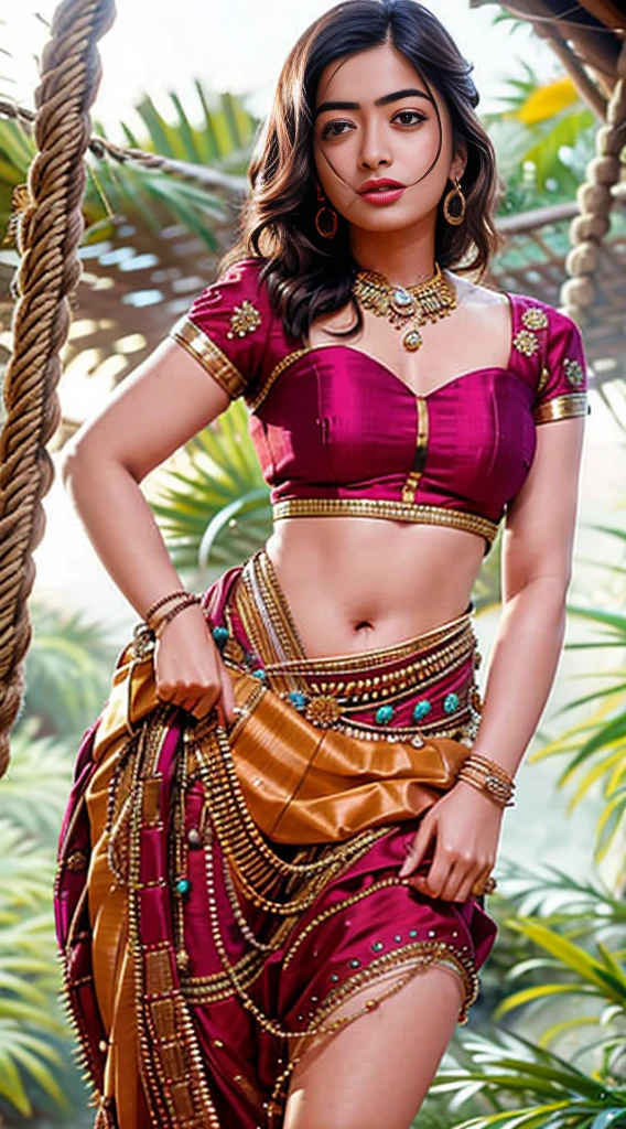 (Rashmika) Hyper realistic super detailed sexy 24-year-old full-length woman (with large breasts), cup size E, trending on cgstation, hiding her naked body from thin rope , awkward face expression nipples visible