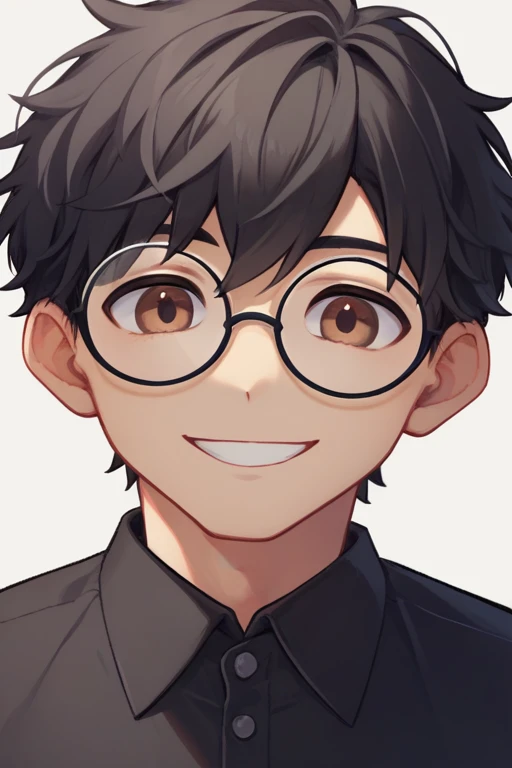 score_9, score_8, One boy, round face,Wearing glasses,, Black Hair, Brown eyes, Black polo shirt, View your viewers, smile, Upper Body, Little