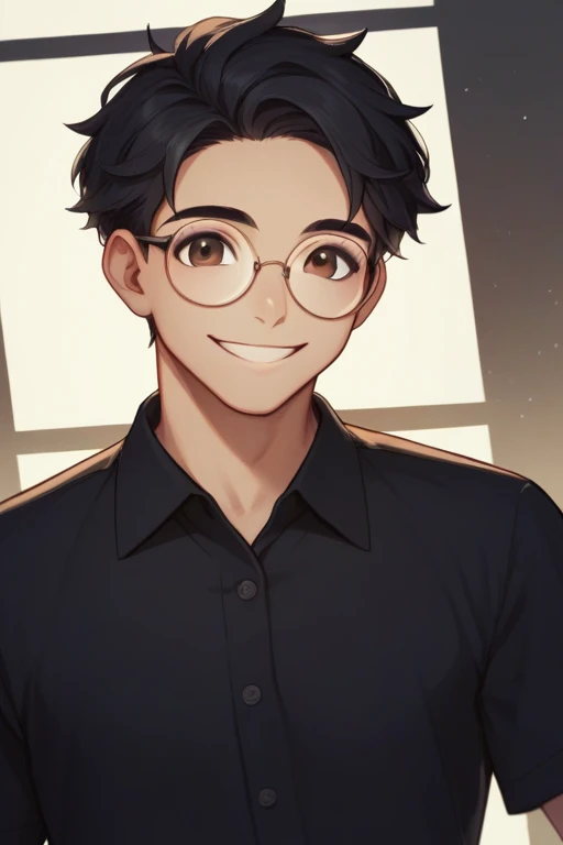 score_9, score_8, One boy, round face,Wearing glasses,, Black Hair, Brown eyes, Black polo shirt, View your viewers, smile, Upper Body, Little