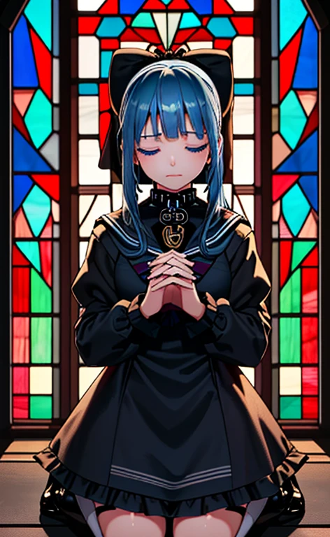 (masterpiece:1.5、Photorealistic:1.4,High Saturation:1.4、high resolution:1.4)、,(spot light:1.2、Exquisite beautiful eye:1.5,)、(kneeling:1.5)、(own hands clasped:1.5)
(kind eyes、tareme:1.4),()、(Cute Face)、(blue hair:1.5)、(middle hair:1.5),(sidelock :1.6),(blunt bangs:1.3),(1 girl)、(blue eyes:1.2)、(cowboy shot:1.5)、(clear face:1.5),(closed eyes:1.5)、()、() ,(),(small breasts),(),(gothic lolita sailor uniform:1.5),(Stained glass:1.5)、(pray)、()、Slim Body(),Shiny Hair、girl、