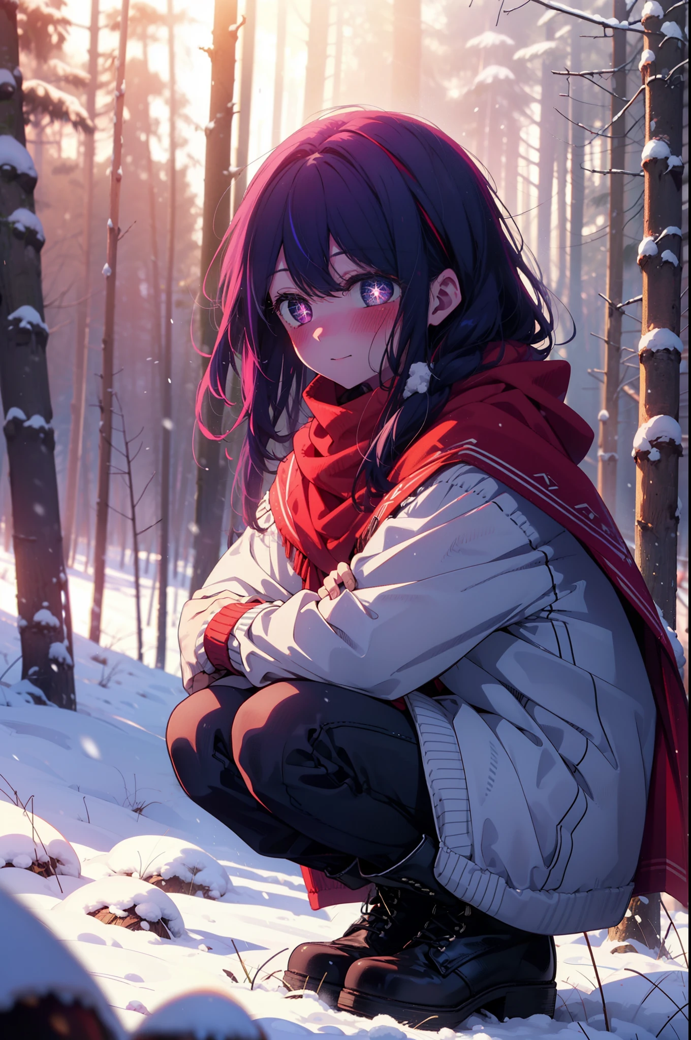 aihoshino, Ai Hoshino, Long Hair, bangs, (Purple eyes:1.1), Purple Hair, (Symbol-shaped pupil:1.5), smile,,smile,blush,White Breath,
Open your mouth,snow,Ground bonfire, Outdoor, boots, snowing, From the side, wood, suitcase, Cape, Blurred, , forest, White handbag, nature, Squat, Mouth closed, Cape, winter, Written boundary depth, Black shoes, red Cape break looking at viewer, Upper Body, whole body, break Outdoor, forest, nature, break (masterpiece:1.2), Highest quality, High resolution, unity 8k wallpaper, (shape:0.8), (Beautiful and beautiful eyes:1.6), Highly detailed face, Perfect lighting, Extremely detailed CG, (Perfect hands, Perfect Anatomy),