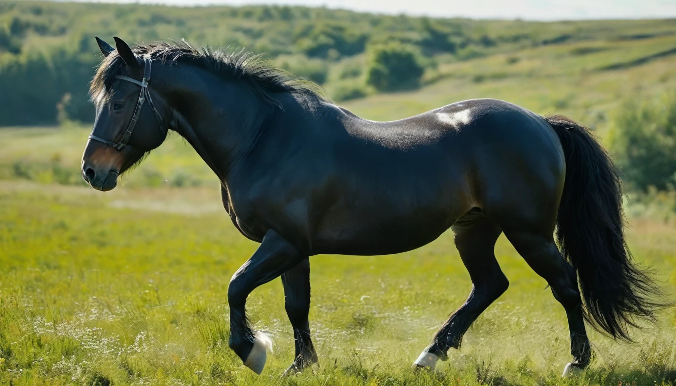 On the endless steppe，（（Green steppe））,（(There is a sleek, muscular, sturdy, black Percheron horse -Teke horse with glossy, textured fur, showing its clear fur face)), ((Its strong, graceful hooves sink slightly into the grass)),（Vision）），Realism，photography, ((The natural colors of native mountainous region blend with the horizon)), lot of details，8K，high quality, ((Realistic))
