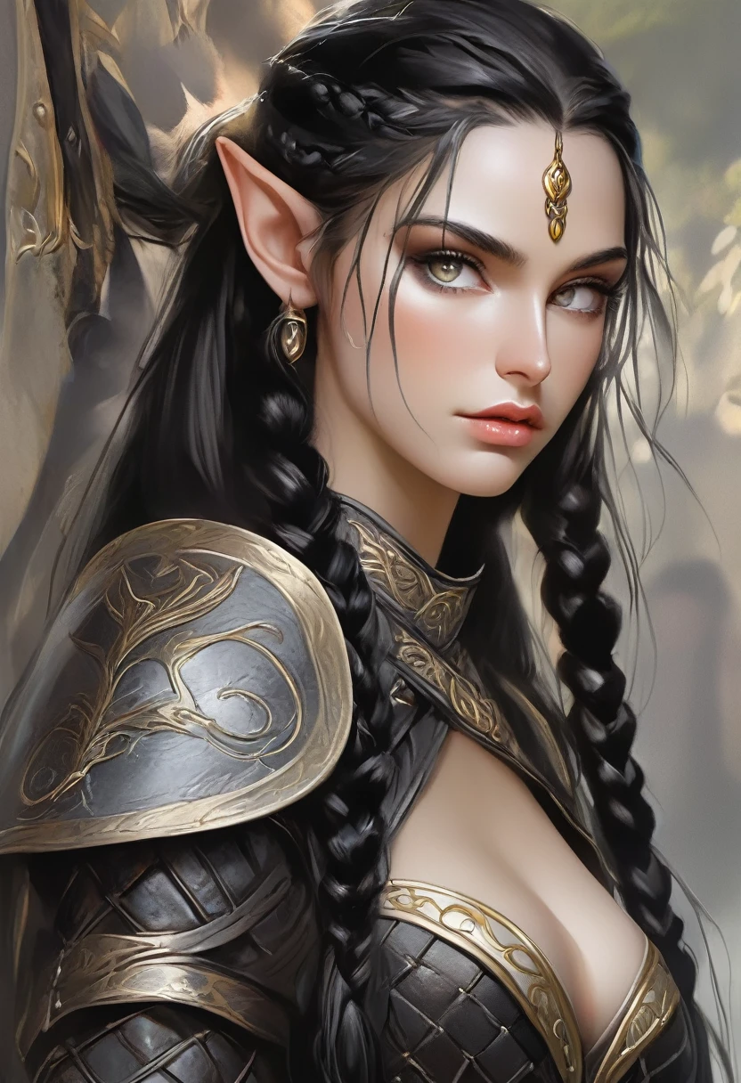 an elf ,eyes with golden iris and black eye ball, perfect beautiful face, steep nose, detailed and clean skin, long black braided hair, fine black leather armor, transparent in the breast and groin area, well marked and tight, erect areolas and dripping from nipples with rolled eyes