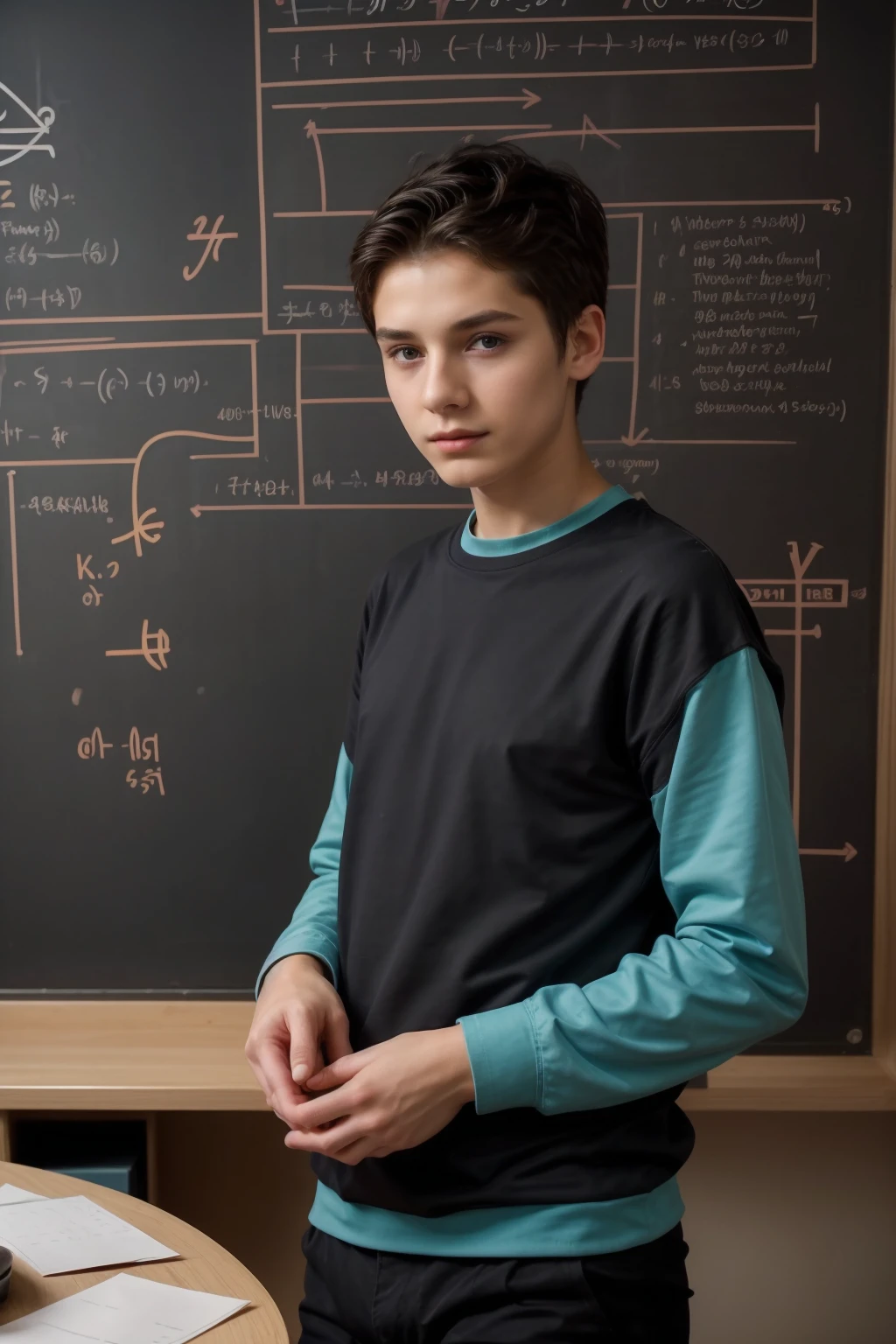 A young, beautiful, cute male twink with a face with makeup and black hair wearing a long-sleeved pink shirt and aqua blue pants. He is a cute, feminine male. He is in his office, and behind him is a blackboard on which is written the shape of the brain, its anatomy, and mathematical equations.