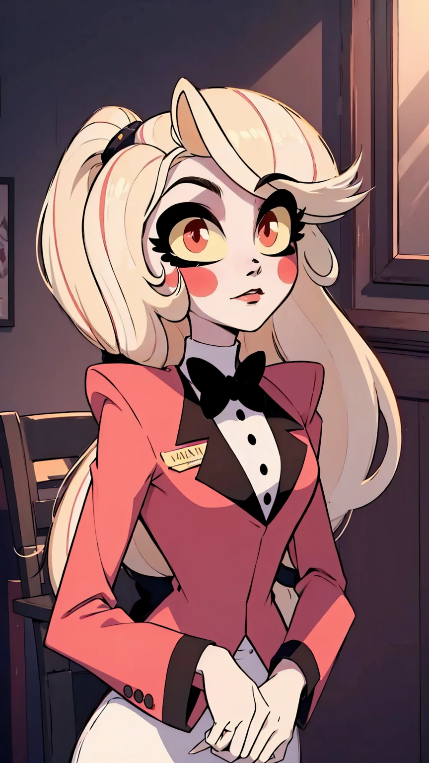 Charlie, pretty girl, cute face, sparkling eyes, sweet expression, soft smile, looking at viewer, lovely,kawaii background, redSuit, White skin, rosy cheek, blonde ankle-length hair,  twice-banded ponytail with two black hair ties,eyes with light yellow sclera, red pupils, s red tuxedo-jacket with darker-colored lapels, high-collared white untucked dress-shirt with small black buttons on the upper-front, small black bowtie and black suspenders over her shoulders, dark red dress pants, medium-heeled white saddle shoes, (masterpiece:1.2), (cowboy-shot:1.2), dark romantic lighting, (highly detailed:1.2), (detailed face:1.2), (full-body shot:1.2), (gradients), colorful, detailed eyes, (natural lighting:1.2), (solo:1.2),
