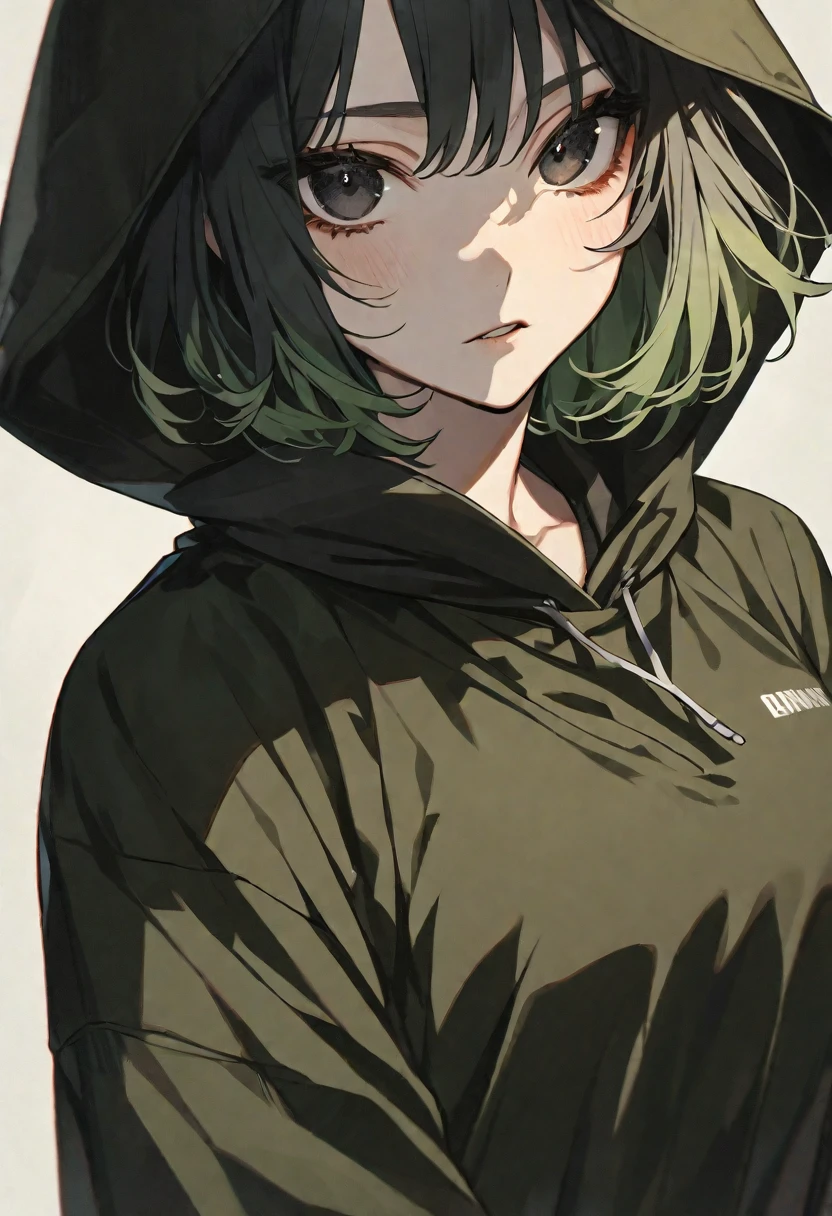 solo, 1 female, medium hair, black hair and light green hair, black eyes, dark olive shirt, black hood