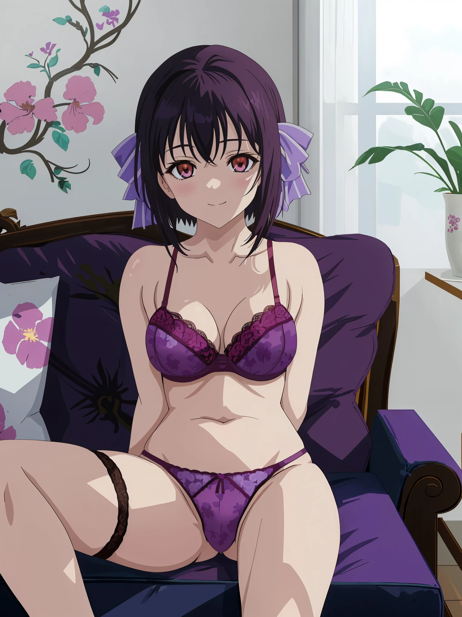 [[anime styled]],[[digitalart]],masterpiece,best quality,Tomomi_Xijing,(red eyes),black hair,Short hair,Hair Ribbon,(midium build),NSFW,1girl,((sitting on the couch,reclining)),face focus,short torso,[perfect anatomy],,((nude)),((lite purple floral lace panties,)),((lite purple floral lace bra)),(lingerie),cameltoe,relaxing,seductive smile,spread legs, break background living room,couch