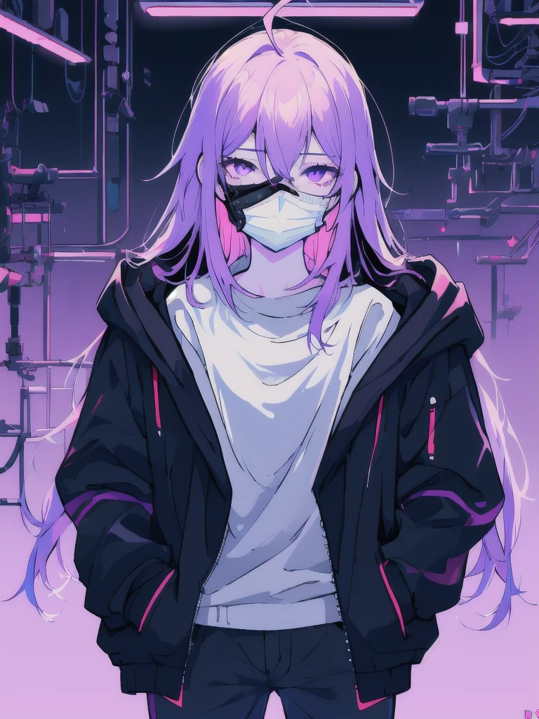 ((masterpiece)), (best quality), ((highres)), 4K, Detailed, (Ambient Light, Digital Art, Soft Lighting, extremely detailed 8K wallpaper:1.2), BREAK 1girl, solo, pale skin, violet eyes, violet hair, ahoge, (absurdly long hair:1.1), flat chest, cyberpunk scenery, black jacket, pants, shirt, night, hand in pocket, looking at viewer, hair between eyes, expressionless, rtx, neon light, black medical mask