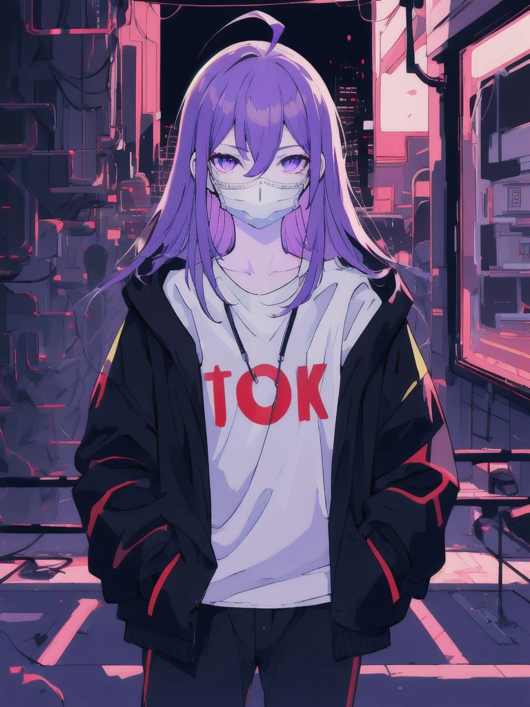 ((masterpiece)), (best quality), ((highres)), 4K, Detailed, (Ambient Light, Digital Art, Soft Lighting, extremely detailed 8K wallpaper:1.2), BREAK 1girl, solo, pale skin, violet eyes, violet hair, ahoge, (absurdly long hair:1.1), flat chest, cyberpunk scenery, black jacket, pants, shirt, night, hand in pocket, looking at viewer, hair between eyes, expressionless, rtx, neon light, black medical mask