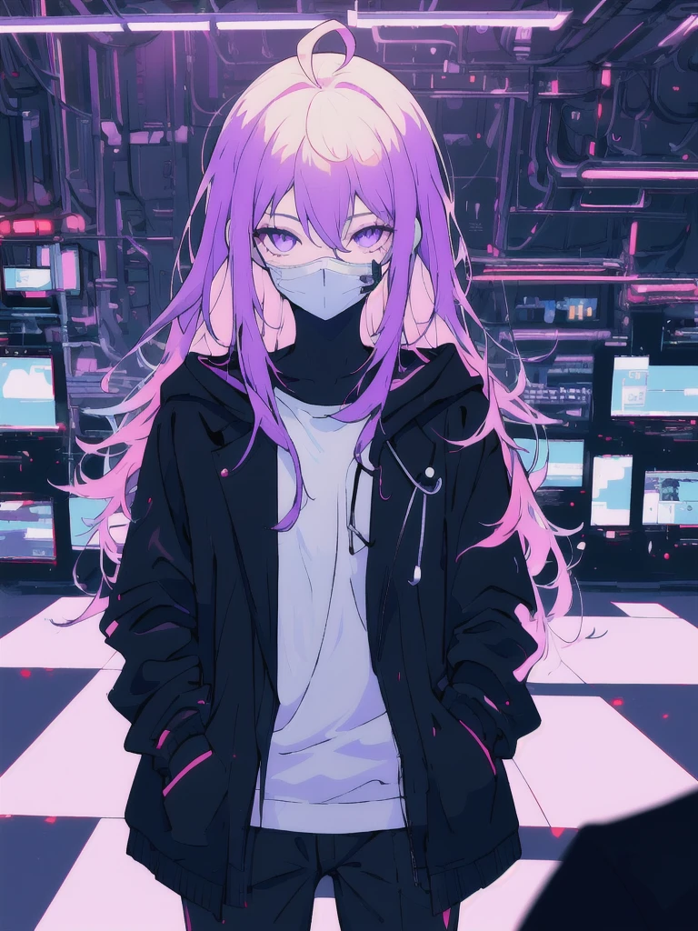 ((masterpiece)), (best quality), ((highres)), 4K, Detailed, (Ambient Light, Digital Art, Soft Lighting, extremely detailed 8K wallpaper:1.2), BREAK 1girl, solo, pale skin, violet eyes, violet hair, ahoge, (absurdly long hair:1.1), flat chest, cyberpunk scenery, black jacket, pants, shirt, night, hand in pocket, looking at viewer, hair between eyes, expressionless, rtx, neon light, black medical mask