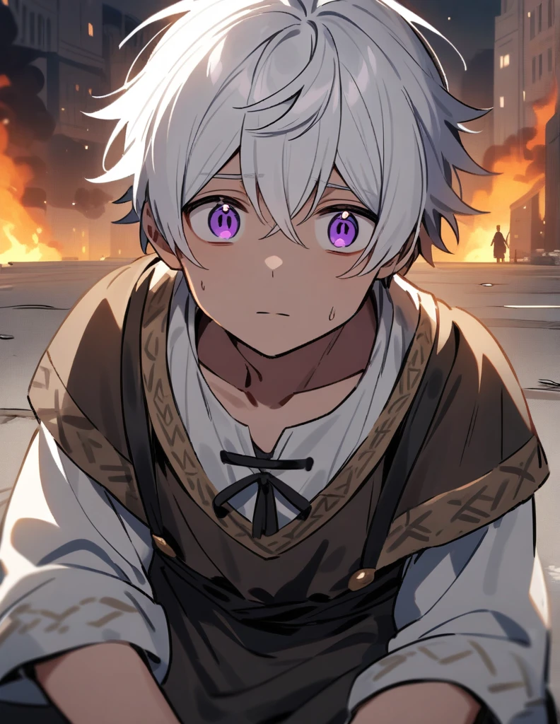  Greek boy w white hair, violet eyes, wearing peasant clothes, on the ground scared seeing his city burned