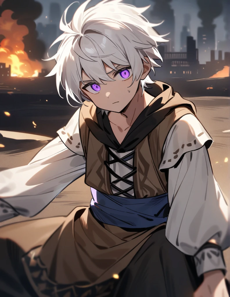 Greek boy w white hair, violet eyes, wearing peasant clothes, on the ground scared seeing his city burned