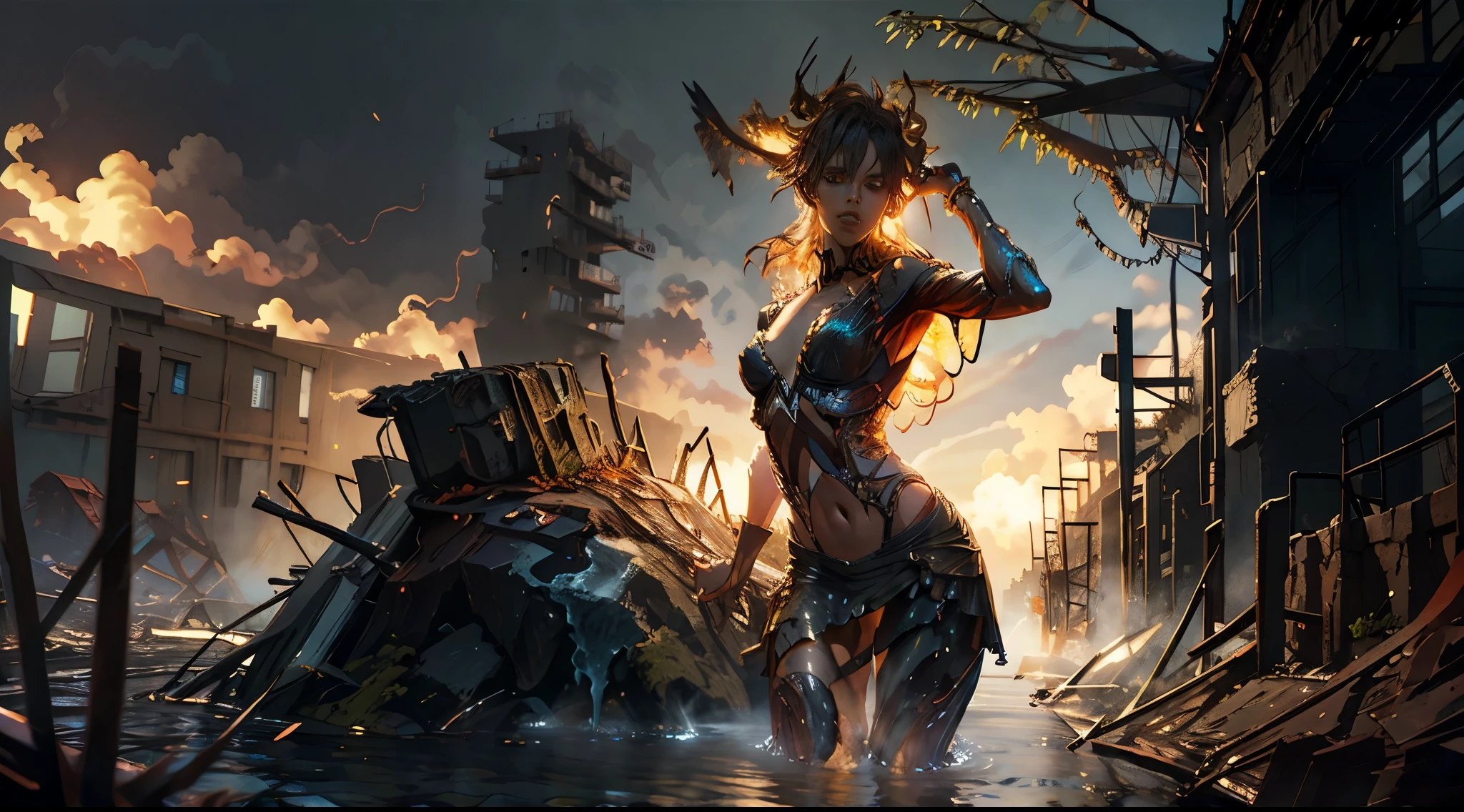 (Surrealism, complex background:1.1) (official art, unity 8k wallpaper, ultra detailed, beautiful and aesthetic, masterpiece ,best quality:1.3,full body, slim abs ,shiny skin ,ultra-detailed face, detailed eyes, lustrous lips ,subtle smile, red tones, realistic style with fantasy elements,nsfw(1girl, solo)18 year old,{{{small breasts}}}long hair,hair floating up ,burning hair,bright red hair, red eyes, realistic eyes,charming realistic characters,(burning dress, she has fire, controlling fire:1.2)(open clothes,torn clothes,)(see-through,translucent,transparent,)(show off nipple,bare breasts)fire style