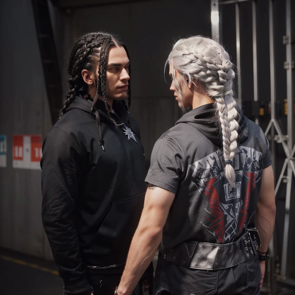  the man with black hoodie had his braids hair underneath the hoodie medium shot of two characters, 2020 video game screenshot, johnny silverhand, video game screenshot>, mechanic punk outfit, detailed punk hair, they are close to each other, she has dark grey hairs, petros and leonid, from witcher (2021)