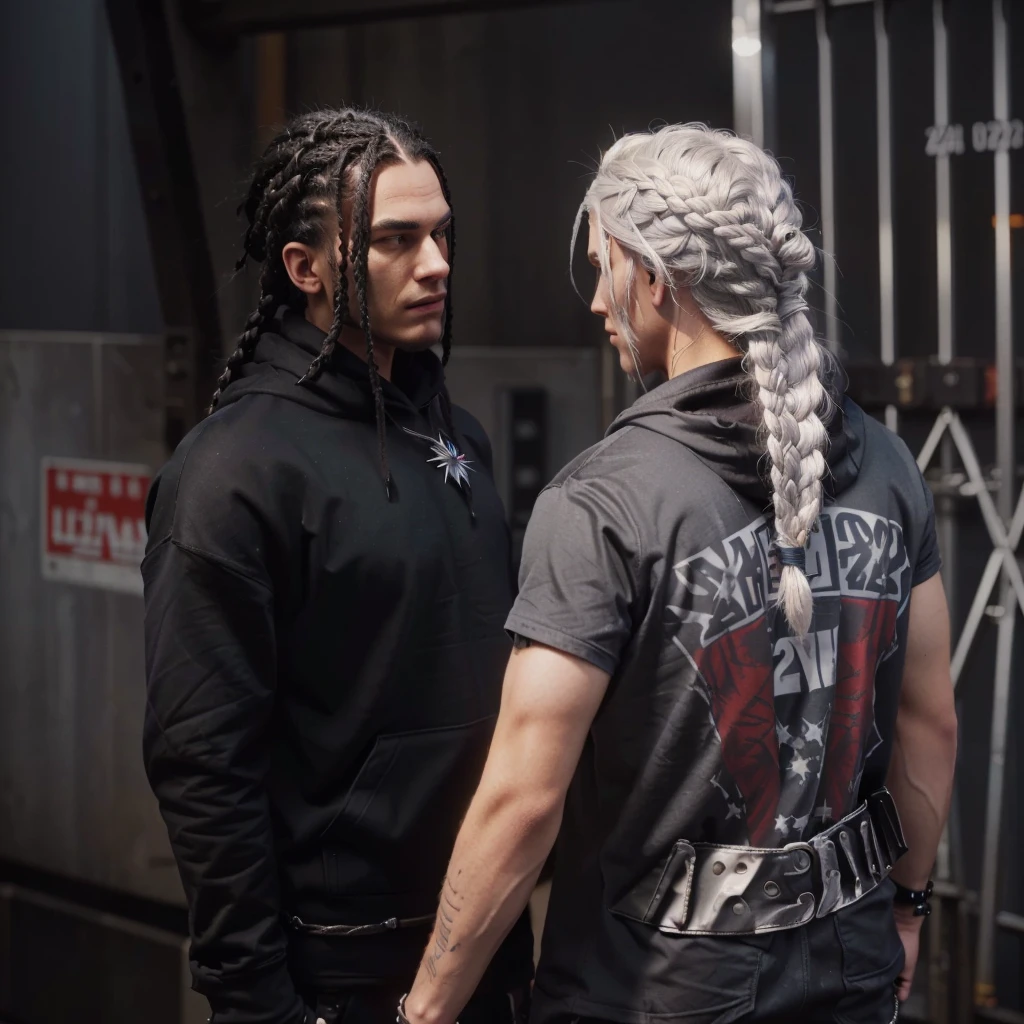 the man with black hoodie had his braids hair underneath the hoodie medium shot of two characters, 2020 video game screenshot, johnny silverhand, video game screenshot>, mechanic punk outfit, detailed punk hair, they are close to each other, she has dark grey hairs, petros and leonid, from witcher (2021)