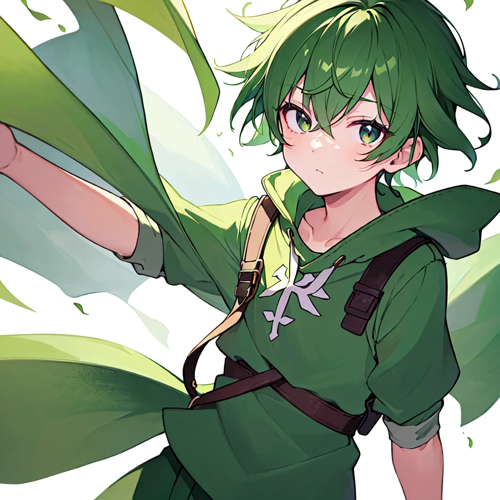 [(WHITE BACKGROUND:1.5),::5], ((((masterpiece)))), high quality, very_high_resolution, large_filesize, full color, ((( boy))), 13 oldt Green hair, vivid color, Black eye, civilian clothes white, anime,