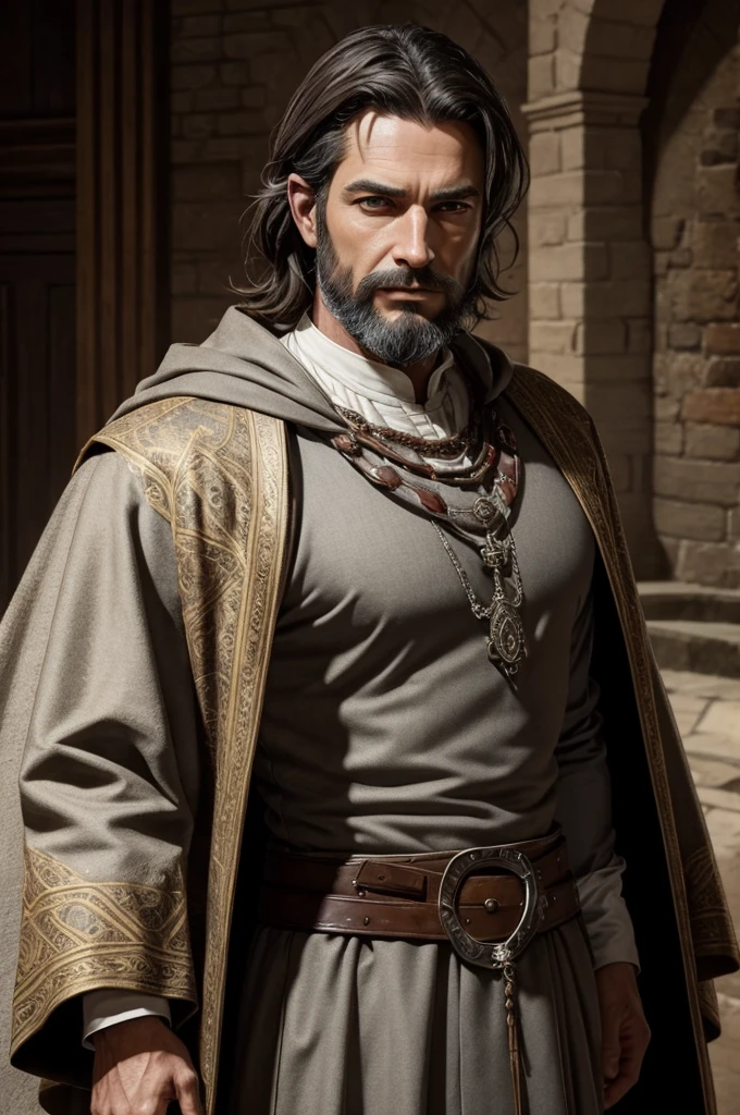 ((best quality)), ((masterpiece)), (detailed), ((normal anatomy)), beautiful eye detail, perfect face, high detail, charismatic, full body, realistic, cinematic lighting, defined body, super detail, high realism, a handsome nobleman with very short dark hair with grey streak and perfectly trimmed very short beard, he has a very slim build and brown eyes, medieval fantasy theme, wearing expensive robes, indoors in a medieval castle, serious expression, 50 years old, not wearing jewellry