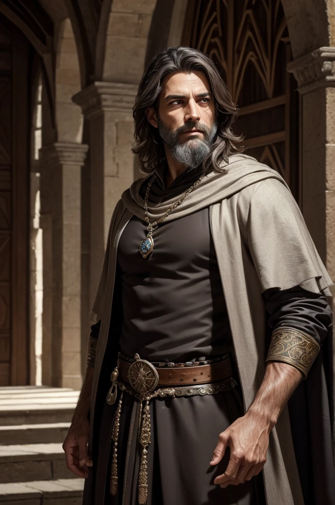 ((best quality)), ((masterpiece)), (detailed), ((normal anatomy)), beautiful eye detail, perfect face, high detail, charismatic, full body, realistic, cinematic lighting, defined body, super detail, high realism, a handsome nobleman with very short dark hair with grey streak and perfectly trimmed very short beard, he has a very slim build and brown eyes, medieval fantasy theme, wearing expensive robes, indoors in a medieval castle, serious expression, 50 years old, not wearing jewellry