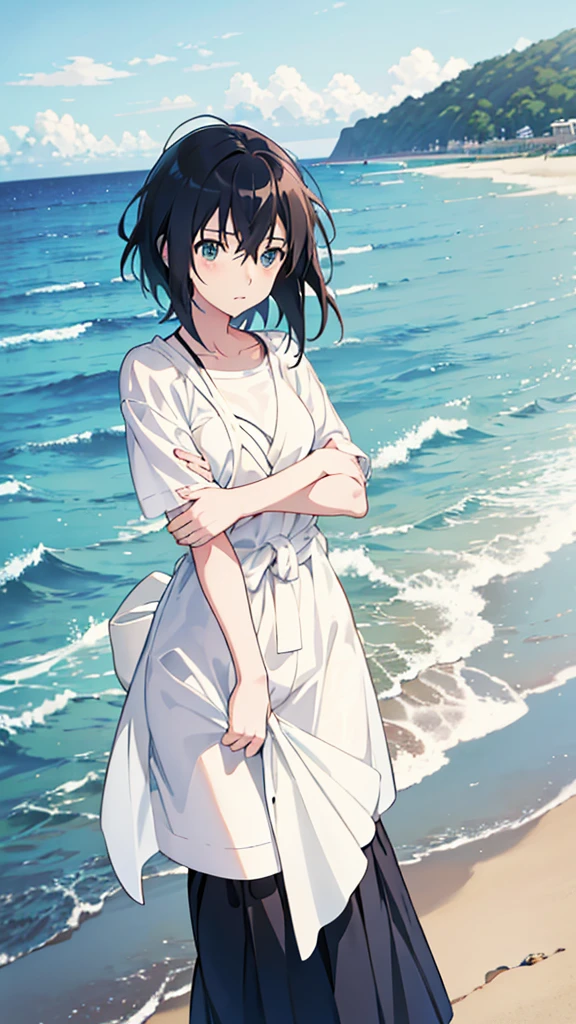 An anime girl stands on the beach with the sea behind her with both hands holding up the hem of her shirt., anime moe art style, Anime pictures of cute girls, Makoto Shinkai style, Makoto Shinkai art style, in Makoto Shinkai's style, Plow collection style, At sea, Makoto Shinkai's style, Anime style illustrations, in anime style, in anime style