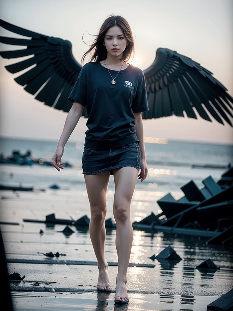 A handsome man, with wings, flying above the sky, visual effect, a man is carrying a woman wearing cloth, in both hands, with the background, a destroyed city, which is filled with murky water, and debris, flowing fast, like tsunami, realistic 3D art. [8K, Best Quality, Masterpiece, Ultra High Resolution, (highly detailed CG unity 8k wallpaper), (best photo), (best shadows), isometric 3D, octane rendering, ray tracing, highly detailed, (wide panoramic view: 1.1), (Best quality, 4K, 8k, A high resolution, masterpiece:1.2), absurdity, masterpiece, ultra detailed, (realistic, photorealistic, photorealistic:1.37), complex parts, HDR, (complex parts:1.12), (hyper detailed, hyper realistic, Soft lighting, spicy:1.2), (complex parts, Hyper detailed:1.15). Blurred foreground. (backlit), realistic, masterpiece, high quality, brightness, chromatic aberration, by Jeremy Lipking, 8k uhd, some smoke, shadows, contrast, clear sky, (warm hue, warm tone), high details, natural reflections].