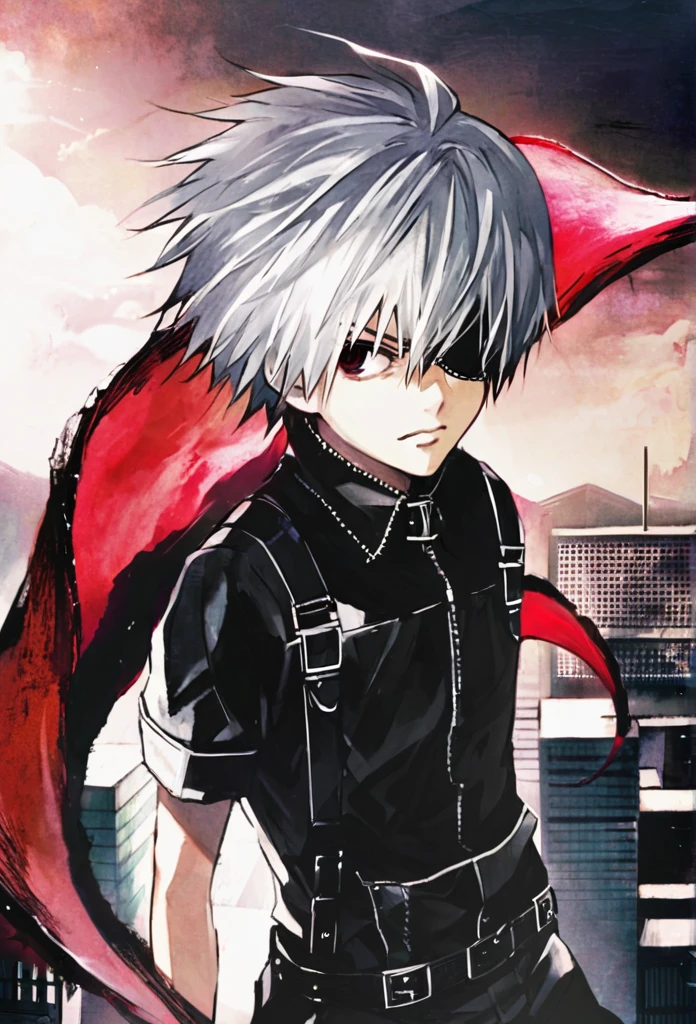 ```
ken kaneki, Tokyo Ghoul, white hair, black outfit, eyepatch, half-ghoul, serious expression, red kakugan eye, kagune tentacles, detailed face, high quality、Overall view、Uplifting、Cold-like sensation、Acrobatic、disaster々Aura、disaster々Cool atmosphere、Black Air、Overall view、Stand on top of a building、Twilight
```