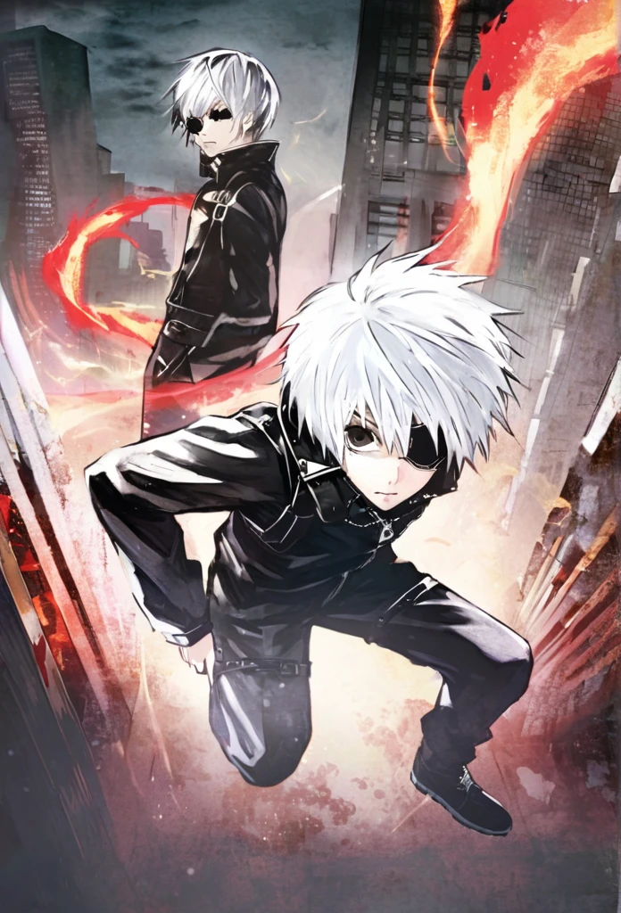 ```
ken kaneki, Tokyo Ghoul, white hair, black outfit, eyepatch, half-ghoul, serious expression, red kakugan eye, kagune tentacles, detailed face, high quality、Overall view、Uplifting、Cold-like sensation、Acrobatic、disaster々Aura、disaster々Cool atmosphere、Black Air、Overall view、Stand on top of a building、Twilight

```