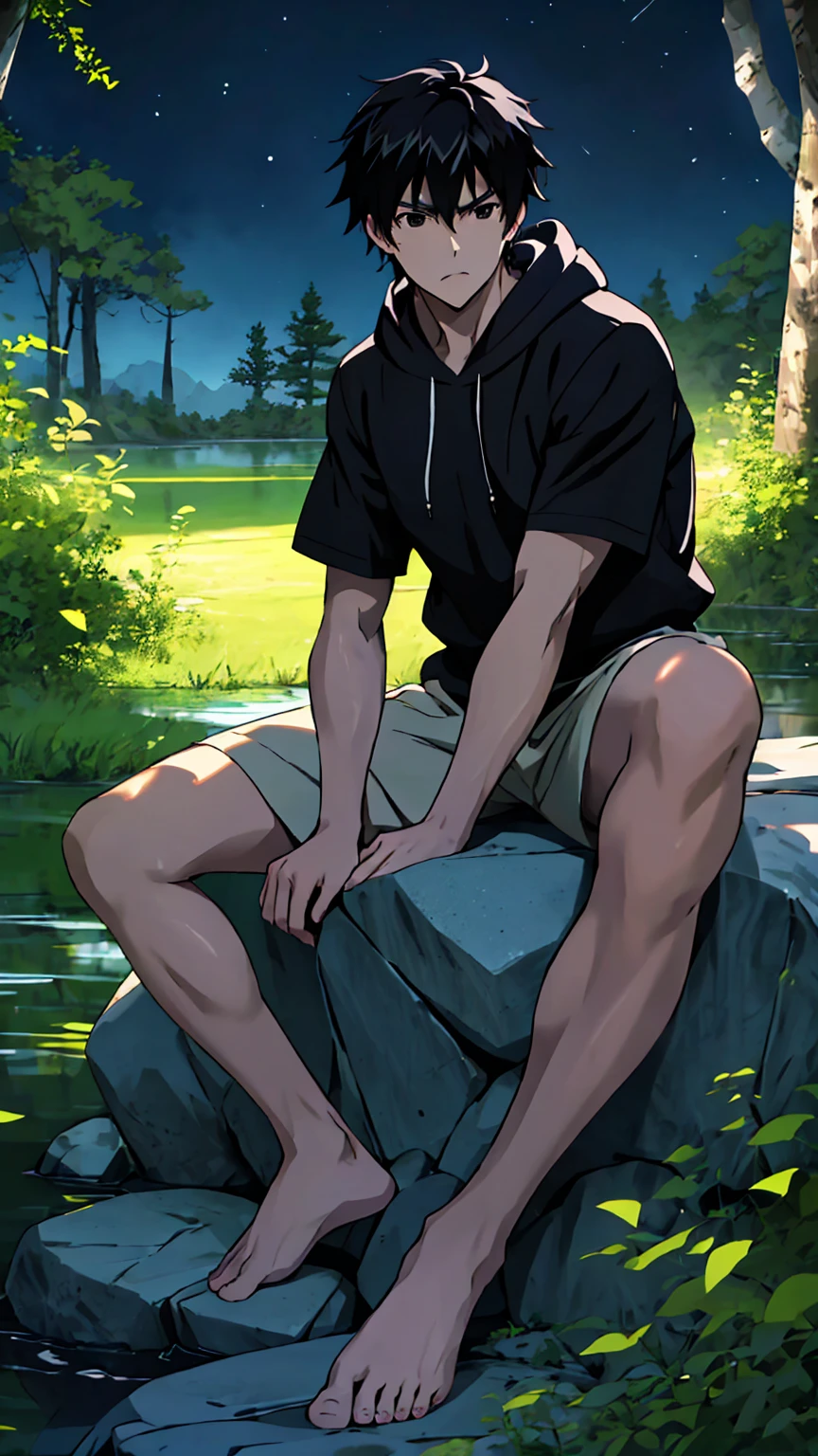((Highest quality)), ((masterpiece)), (detailed), Highest quality、High resolution、８K、A plain black hoodie、One adult male、33 years old、Sharp black eyes、Slightly permed black hair、Japanese anime-like style、超High resolutionかわいい萌えアニメ8k、handsome face manly、Slender and muscular、barefoot、sitting on a stone、Spread your legs、Sole、night、Forest landscape、lake、darkness、Surrounded by lots of fireflieoonlight