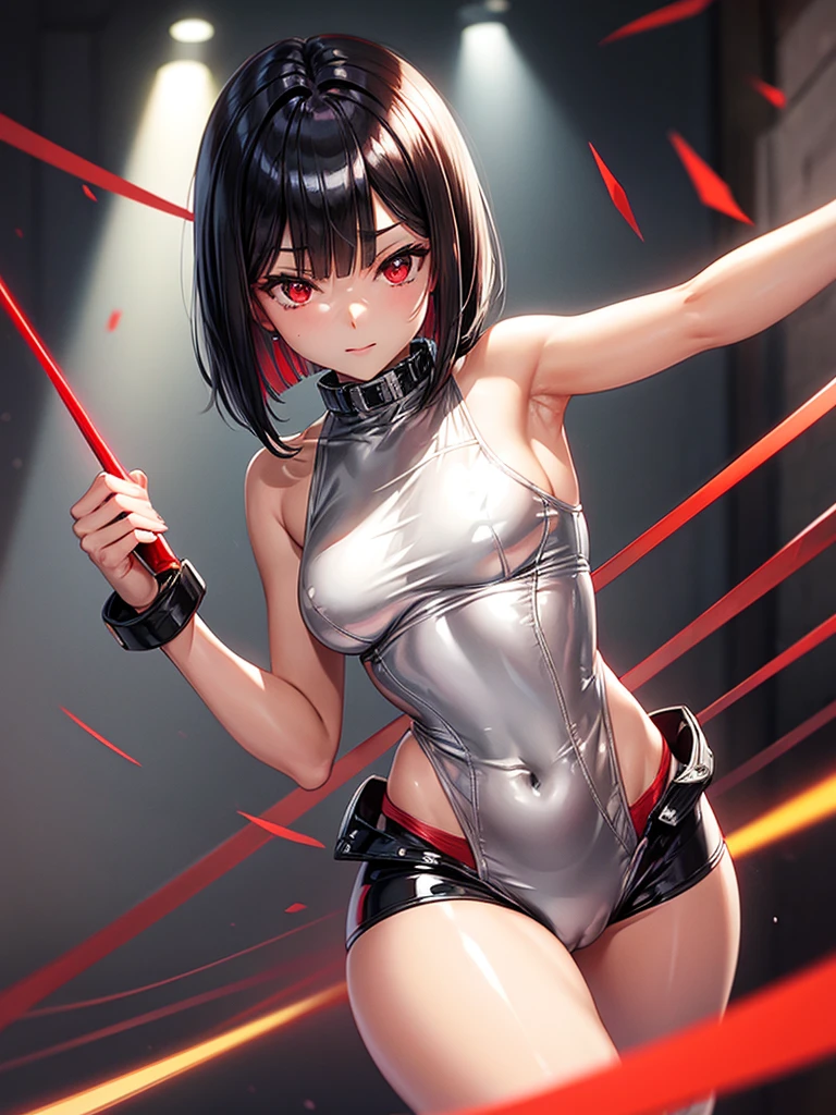 solo girl,Glossy metalic light silver tank top, tight latex shiny, Red interpolation color,Black hair bob,red eyes, camel toe, Samurai Sword,
Lift one leg, sexy lady, กางเกงใน girl,