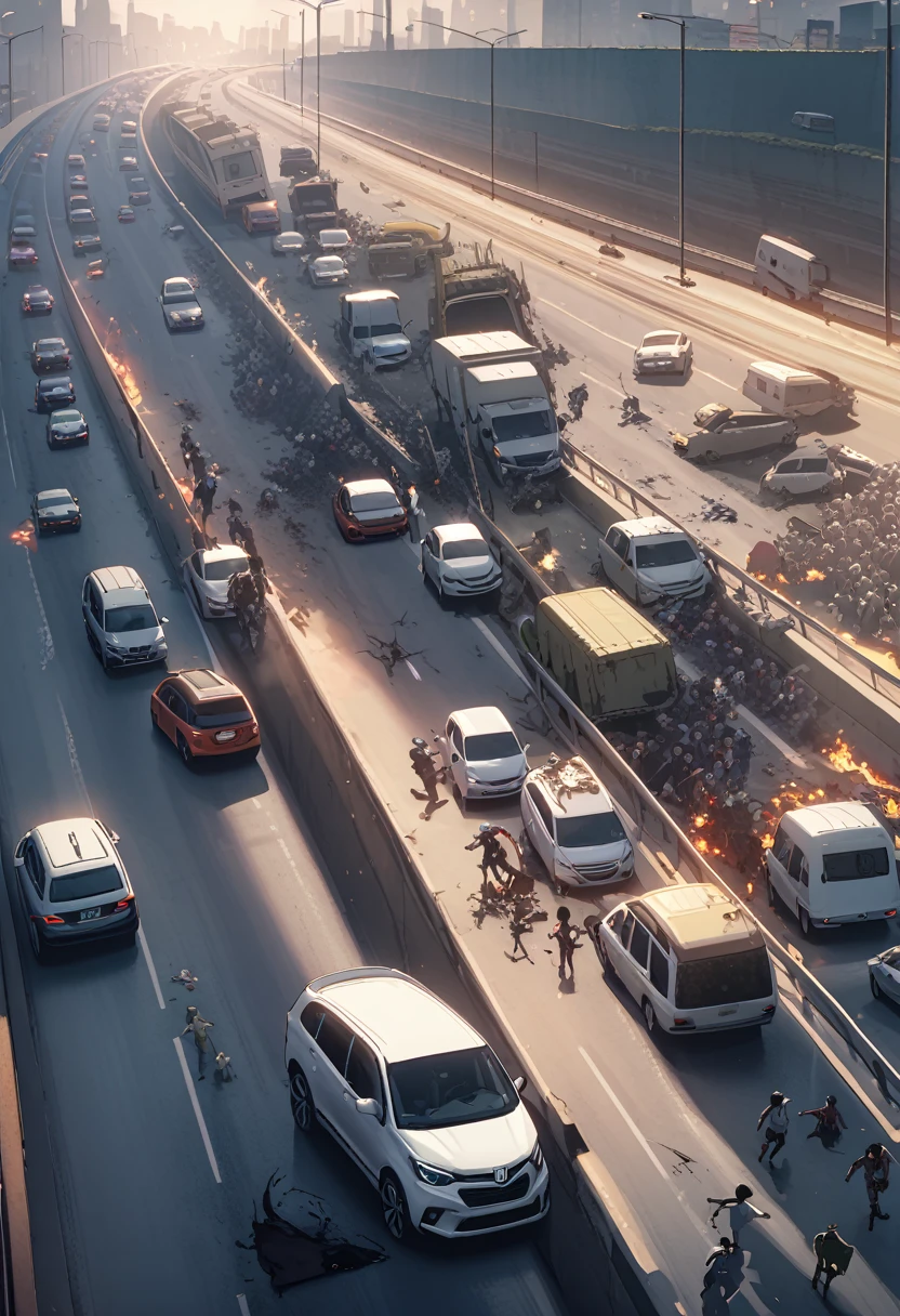 woman,spats,belly button,Tank top,slender,run away,Clothes are torn,Covered in scars,fear,Watery eye,Being chased by a large number of beautiful zombies,End of the World,Defects in the body,Expressway,traffic jam,Car accident,fire