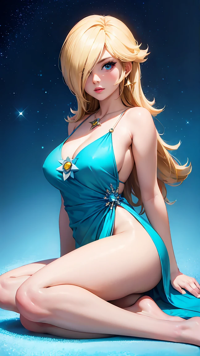 (Masterpiece), Best Quality, expressive eyes, Perfect face, high resolution, 1 girl, Alone, Rosalina, by rubio, Blue eyes, hair over one eye, wide, blue dress, corona, dress, earrings, jewelry, Princess, tunica, bare shoulders, barefoot, star earrings, space, starry background, shiny particles, good lighting, Sitting on the ground, portrait, looking at the viewer