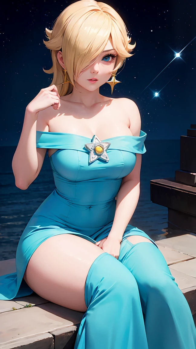 (Masterpiece), Best Quality, expressive eyes, Perfect face, high resolution, 1 girl, Alone, Rosalina, by rubio, Blue eyes, hair over one eye, wide, blue dress, corona, dress, earrings, jewelry, Princess, tunica, bare shoulders, barefoot, star earrings, space, starry background, shiny particles, good lighting, Sitting on the ground, portrait, looking at the viewer