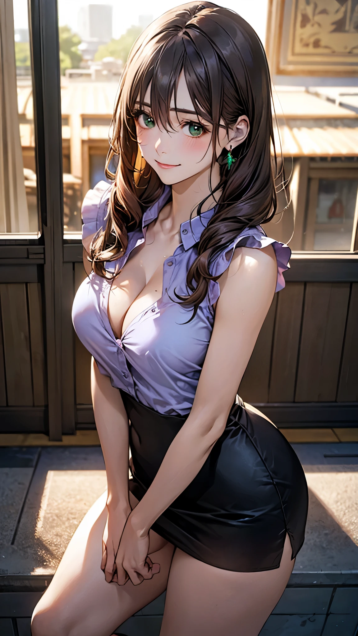 (masterpiece:1.2, Highest quality), (Realistic, photoRealistic:1.4), Beautiful illustrations, (Natural Side Lighting, Cinema Lighting),
View your audience, Cowboy Shot, Front view:0.6, 1 Girl, Japanese, high school girl, Perfect Face, Cute and symmetrical face, Shiny skin,
(Long Hair:1.8, Drill Hair:1.7, Dark brown hair), Hair between the eyes, Emerald green eyes, Long eyelashes, (Large Breasts:0.9, Thick thighs),
Beautiful Hair, Beautiful Face, Beautiful attention to detail, Beautiful clavicle, Beautiful body, Beautiful breasts, Beautiful thighs, Beautiful legs, Beautiful fingers,
((Light purple sleeveless collared shirt, Cleavage, Black tight mini skirt, High heels)), Pink Panties,
(Beautiful views), evening, Riverside, walking, Please place your hand on your chest, (Cute Smile, Upward glance),