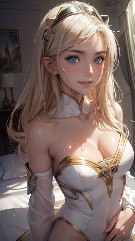 masterpiece, Highest quality, Highly detailed CG Unity 8k wallpaper,((whole body)), ((Bedroom inside the spaceship)), (Long pointed ears), Elegant long wavy platinum blonde hair, ((Average chest, Self-illuminating skin)), ((A revealing black-on-white military uniform)), ((Lie on your back, With legs apart, Genitals are visible)), (Sweaty and wet white skin), (Mechanical Circlet), (blush), , (Captivating smile), A cute, symmetrical face, Detailed eyes, Key Art, Awards, intricate detail realism hdr, Photorealism, Hyperrealism, Ultra-realistic, Dramatic Light, Strong Shadows, Nice views, Depth of written boundary
