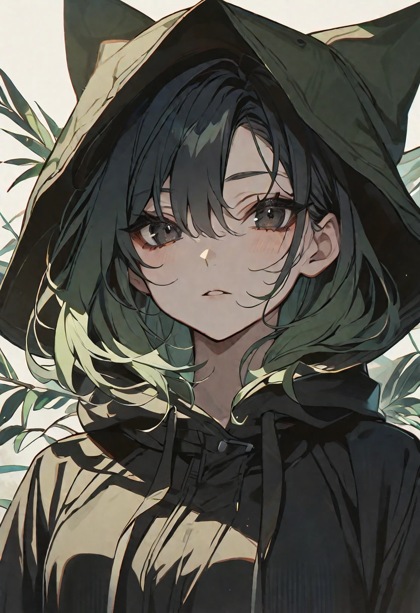 solo, 1 female, black hair and light green hair, black eyes, dark olive shirt, black jacket hood