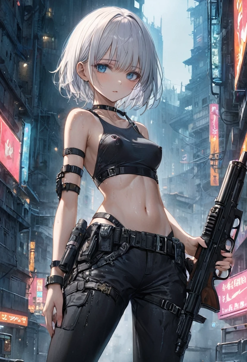 ((Topless)), nsfw, ((Masterpiece)), ((Best Quality)),Ultra High Resolution, Caustics, Detailed, Beautiful Detailed Eyes, solo, (cyberpunk, post apocalyptic, ruins, night, neon lights, city), cowboy shot,18 year old beauty、(separate, ,shiny black pants, waist belt, waist pouch, holding a gun, navel, slender body, ideal ratio body proportions,oily skin, gleaming skin,sweat,medium breasts,icy blue eyes, (short hair)、medium hair, white hair,painful expression、standing, nipples, breasts, facemask, bare shoulders, bare breasts, straight bangs, side bangs, 1 ear out, arm strap, choker