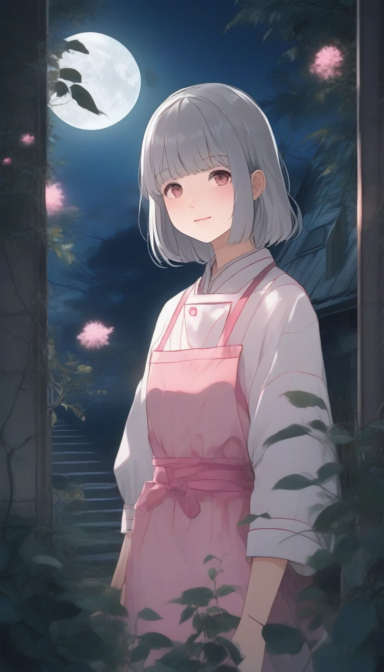 score_9, score_8_up, score_7_up, score_6_up, score_5_up, score_4_up, source_anime, beautiful and cute woman, innkeeper, cooking, long face, silvery bob cut, blunt bangs, droopy eyes, smirk, pink cheeks, in a dim forest, faint moonlight, inn entrance with stained glass, simple and simple, slightly scary picture book illustration style