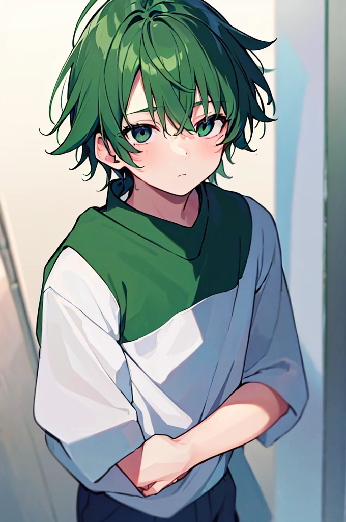 [(WHITE BACKGROUND:1.5),::5], ((((masterpiece)))), high quality, very_high_resolution, large_filesize, full color, (((little boy))), 13 old year, short Green hair, vivid color, Black eye, civilian clothes white, anime,
