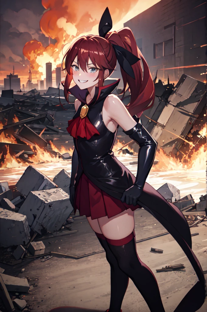 Highest quality, masterpiece, One Girl,Not beautiful, Red Ponytail, Long dress, brooch, Hair Ribbon, - Elbow hand pockets, Black knee socks, Standing on the rubble, Cityscape in a sea of fire, (Wicked Smile:1.1), ,,Dark shadowed face,Sadistic smile,Malice,Contempt,smile,latex,Too bad face,,Red Skirt,elbow gloves,