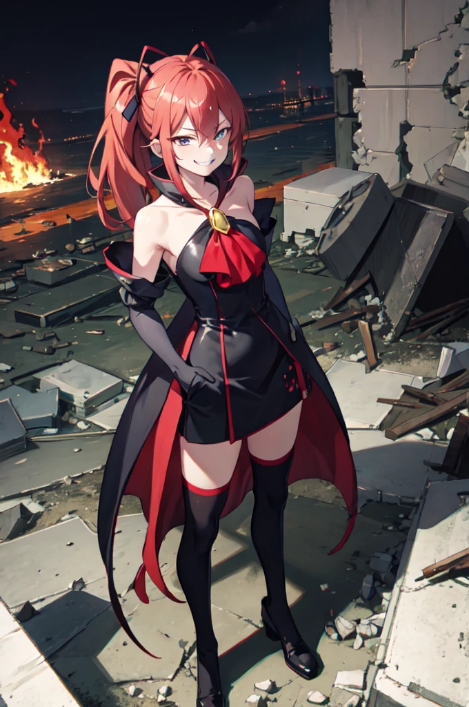 Highest quality, masterpiece, One Girl,Not beautiful, Red Ponytail, Long dress, brooch, Hair Ribbon, - Elbow hand pockets, Black knee socks, Standing on the rubble, Cityscape in a sea of fire, (Wicked Smile:1.1), ,,Dark shadowed face,Sadistic smile,Malice,Contempt,smile,latex,Too bad face,,Red Skirt,elbow gloves,



