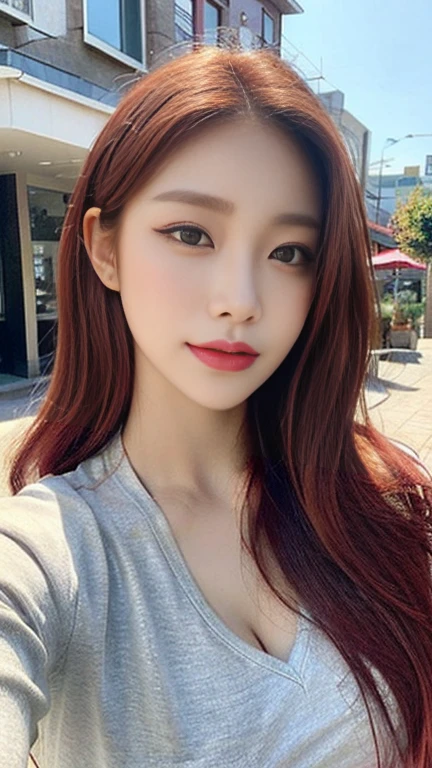 ((realistic lighting, best quality, 8 thousand, masterpiece:1.3)), sharp focus:1.2, 1 woman, Beautiful woman with perfect body:1.4, slim abs:1.1, ((red hair,))(Exterior,During the day:1.1),country street,ultra fine face,good eyes,double eyelid,Curly hair,With fair skin,,random colored clothes