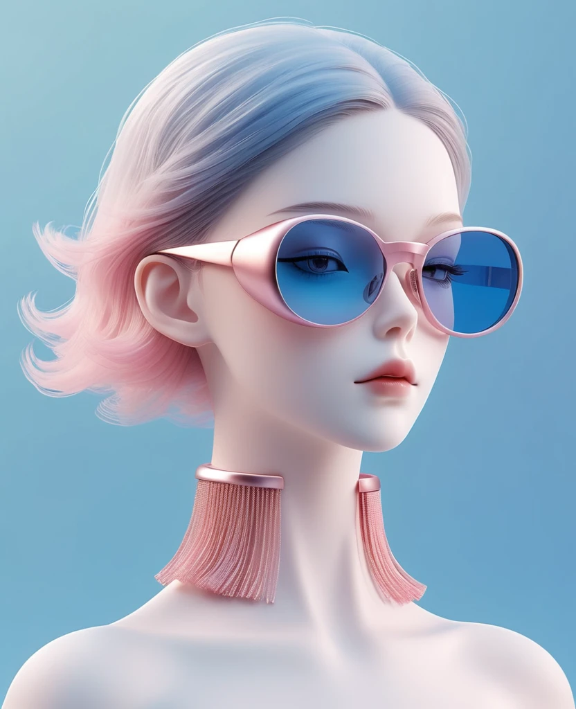 3D illustration of upper body and face of artificial intelligence model wearing futuristic glasses, Stylish glasses with tassels，Gradient background, Pastel color palette, pink blue, Simplicity, cold metallic textures, Surrealism,