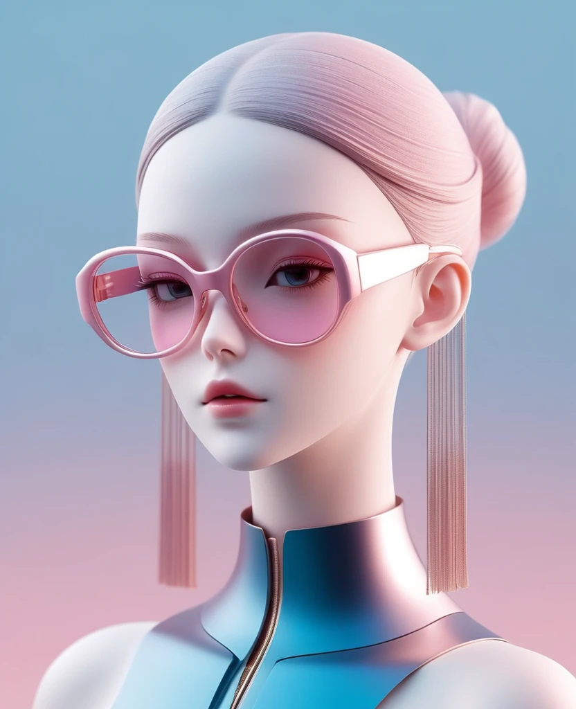 3D illustration of upper body and face of artificial intelligence model wearing futuristic glasses, Stylish glasses with tassels，Gradient background, Pastel color palette, pink blue, Simplicity, cold metallic textures, Surrealism,