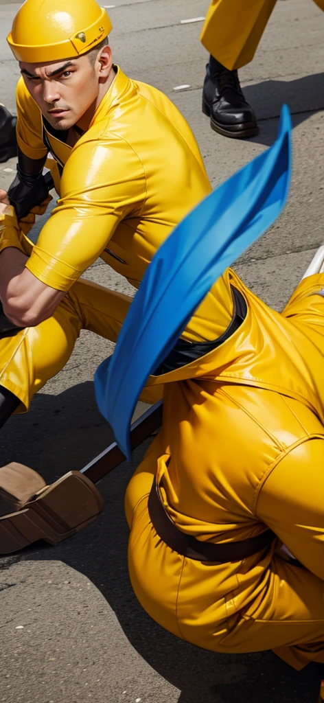 Master men in yellow clothes are fighting