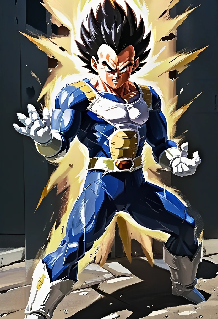 vegeta, torn armor, energy beam hands, cinematic, strong shadows